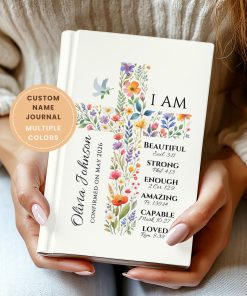 Personalized Confirmation Gift for Teens: Floral Cross Journal with Custom Name, First Communion Keepsake for Girls, Baptism Journal